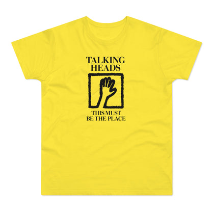 Yellow t-shirt with Talking Heads logo and "This Must Be the Place" text.