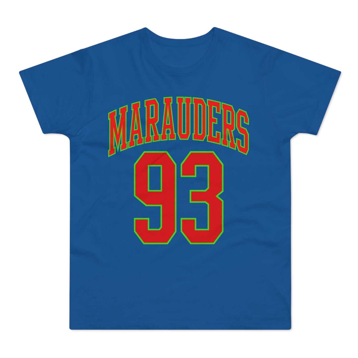 Blue t-shirt with red and green "Marauders 93" graphic.