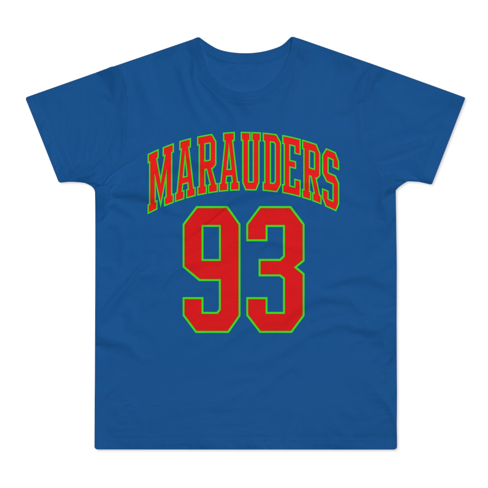 Blue t-shirt with red and green "Marauders 93" graphic.