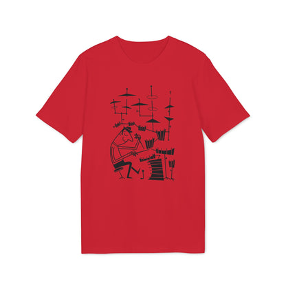 Black illustration of a cartoon drummer playing a drum set on a red t-shirt.