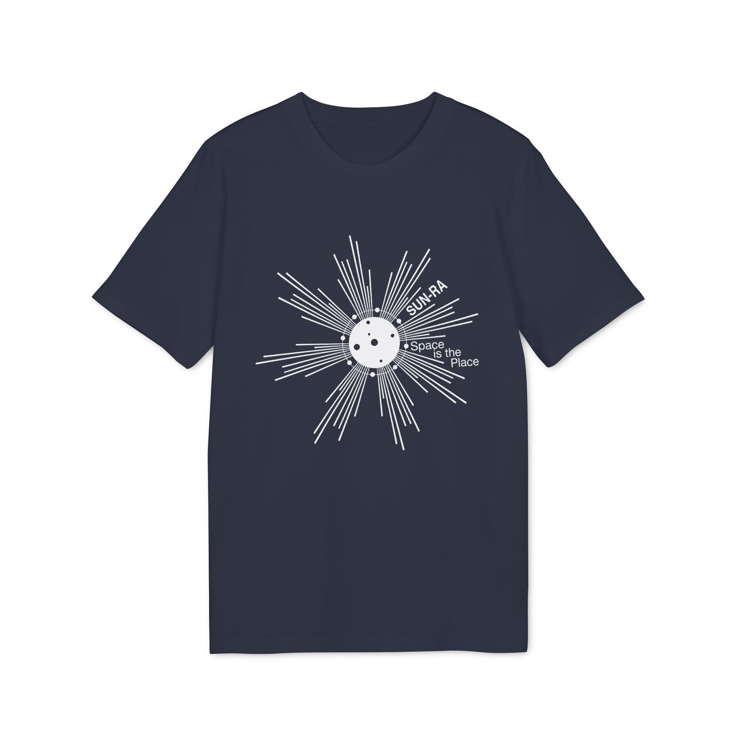 Navy t-shirt with white Sun-Ra design and "Space is the Place" text.