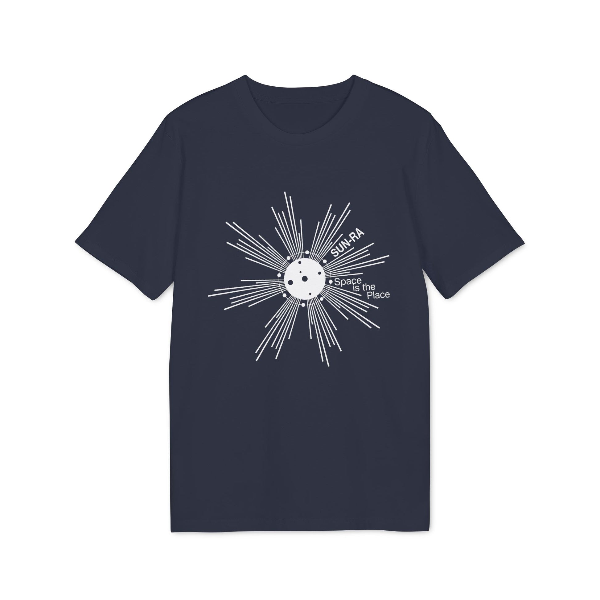 Navy t-shirt with white Sun-Ra design and "Space is the Place" text.