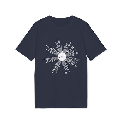 Navy t-shirt with white Sun-Ra design and "Space is the Place" text.