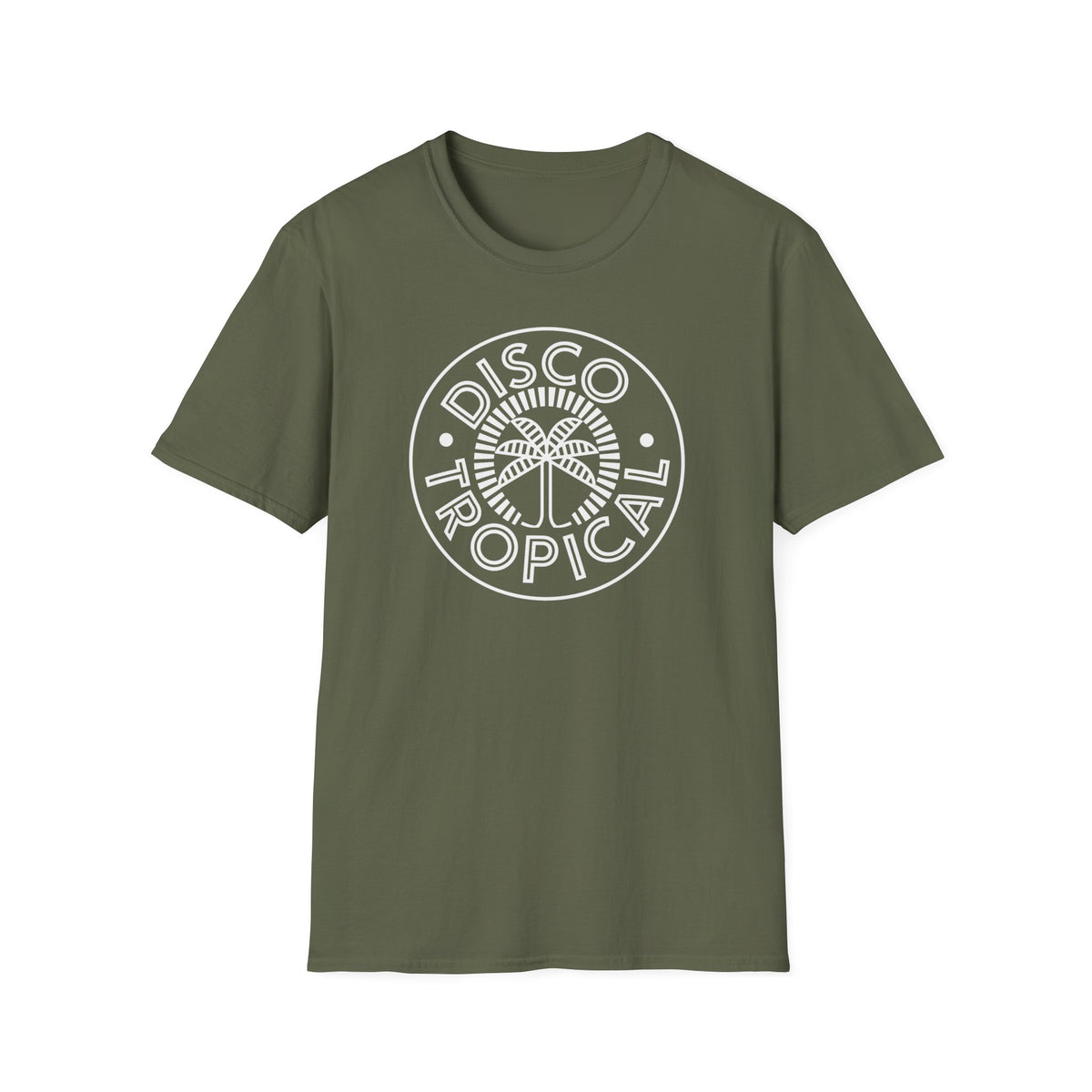 Olive green t-shirt with white "Disco Tropical" text and palm tree graphic.