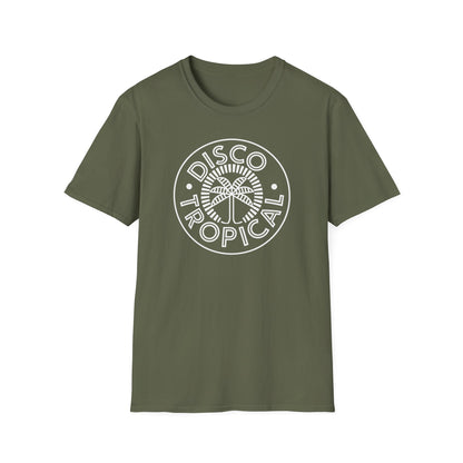 Olive green t-shirt with white "Disco Tropical" text and palm tree graphic.