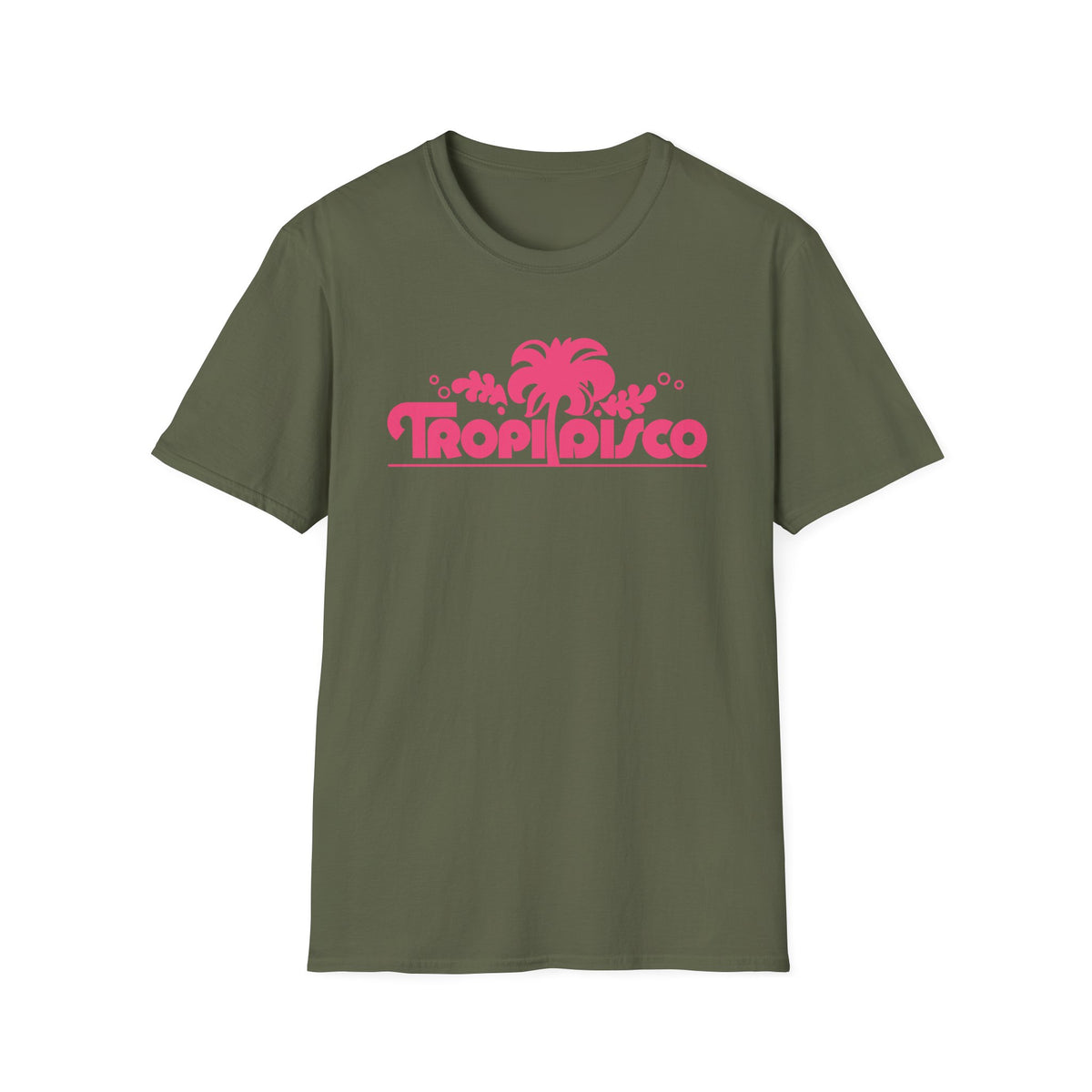 Olive t-shirt with pink "Tropi Disco" text and palm tree graphic.