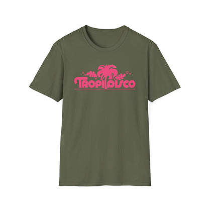 Olive t-shirt with pink "Tropi Disco" text and palm tree graphic.