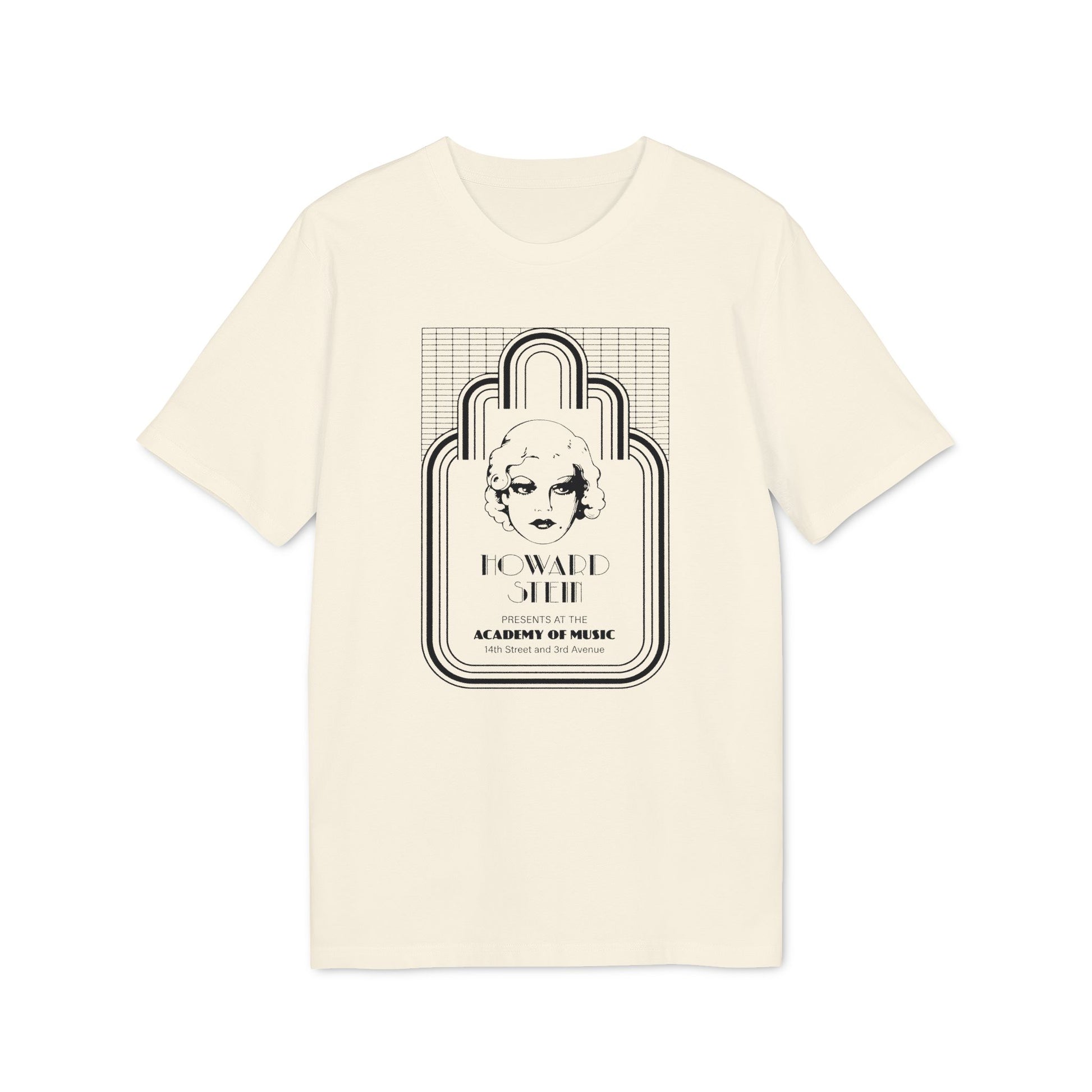 Light cream t-shirt with "Howard Stein Presents at the Academy of Music" graphic.