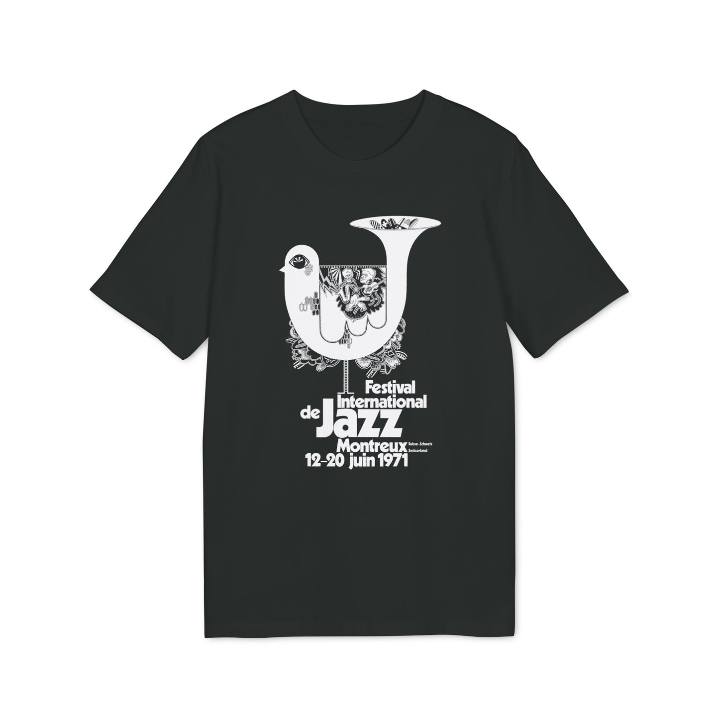 Black t-shirt with Festival International de Jazz Montreux, June 12-20, 1971 text and graphic.