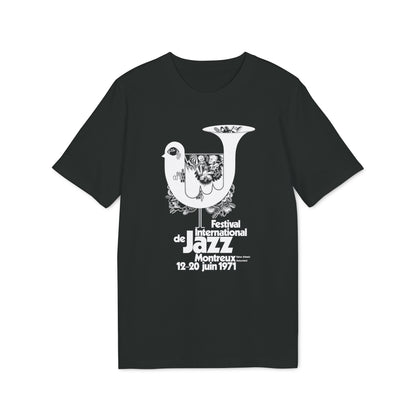 Black t-shirt with Festival International de Jazz Montreux, June 12-20, 1971 text and graphic.