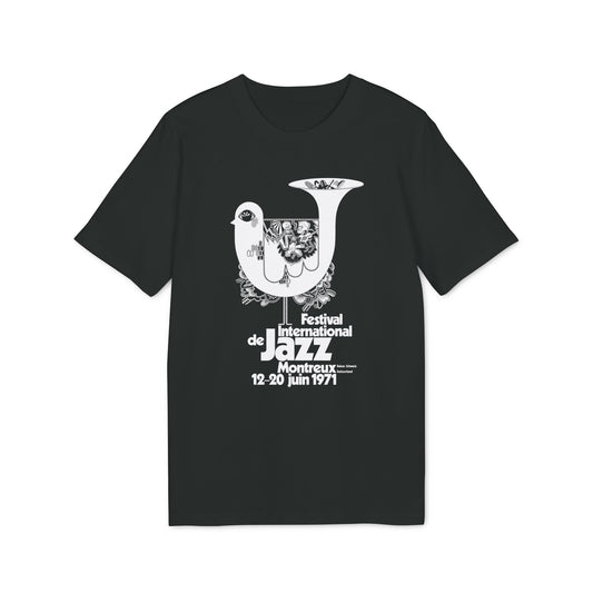 Black t-shirt with Festival International de Jazz Montreux, June 12-20, 1971 text and graphic.