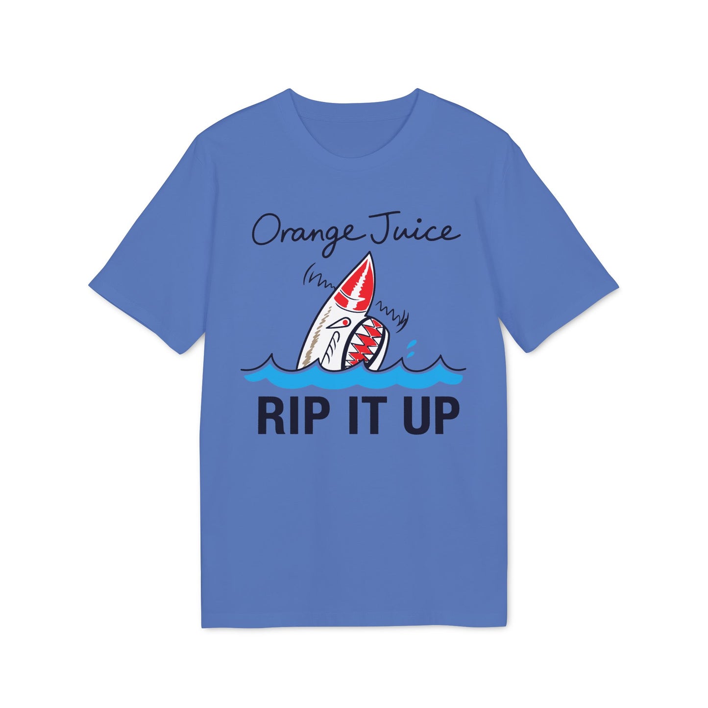 Blue t-shirt with a shark graphic and text "Orange Juice RIP IT UP".