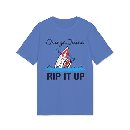 Blue t-shirt with a shark graphic and text "Orange Juice RIP IT UP".