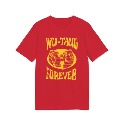 Red t-shirt with yellow "Wu-Tang Forever" text and Wu-Tang Clan logo.