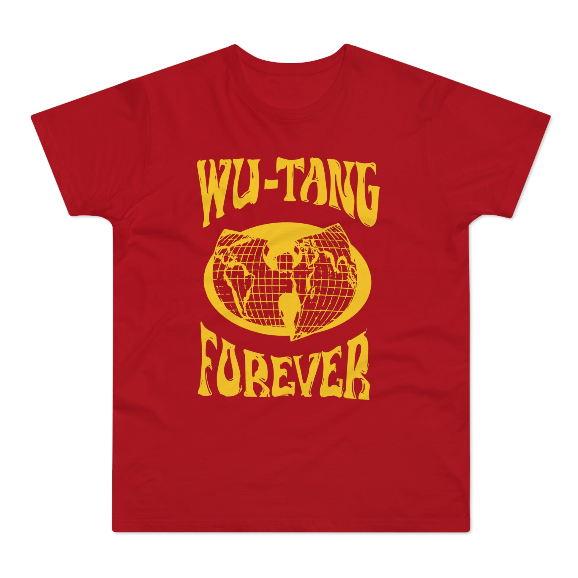 Red t-shirt with yellow "WU-TANG FOREVER" text and globe logo.