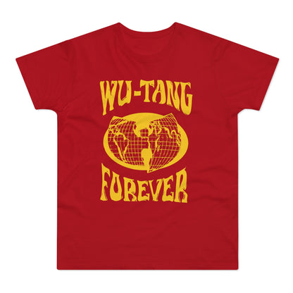 Red t-shirt with yellow "WU-TANG FOREVER" text and globe logo.