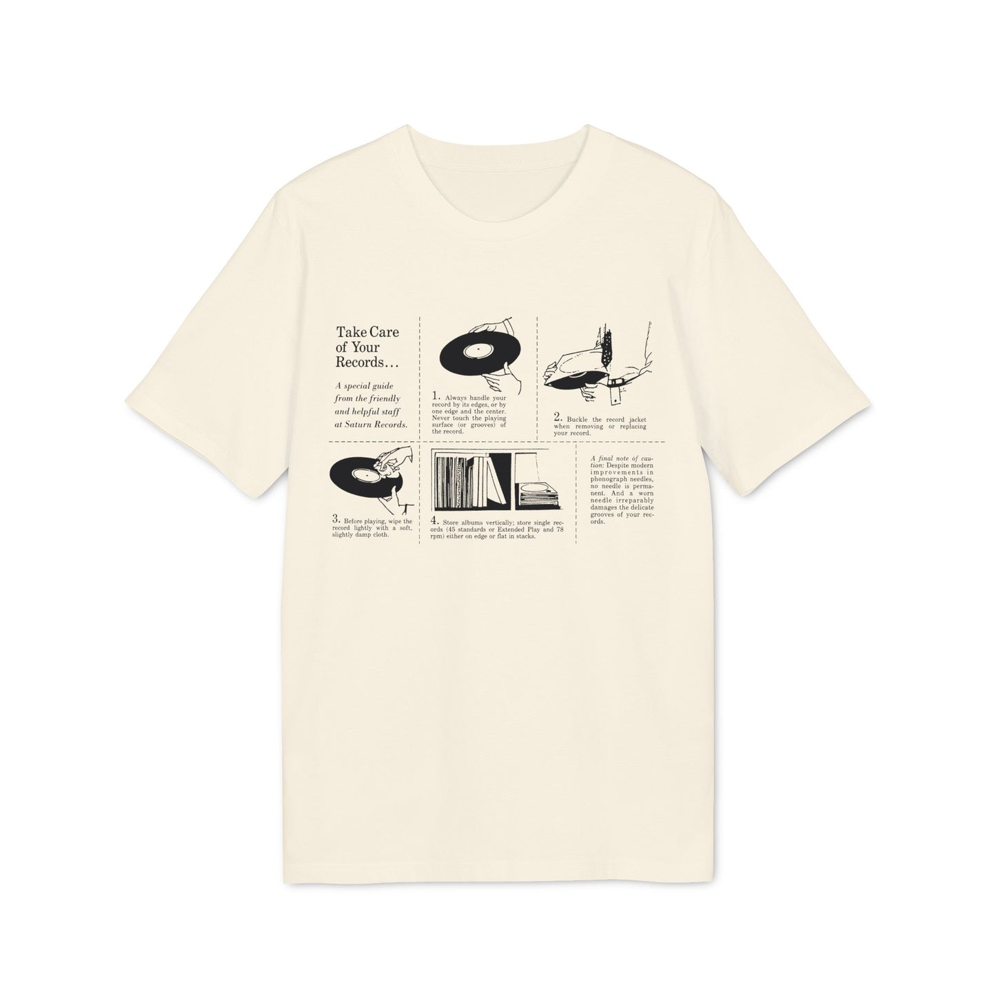 T-shirt graphic with instructions on how to care for vinyl records.