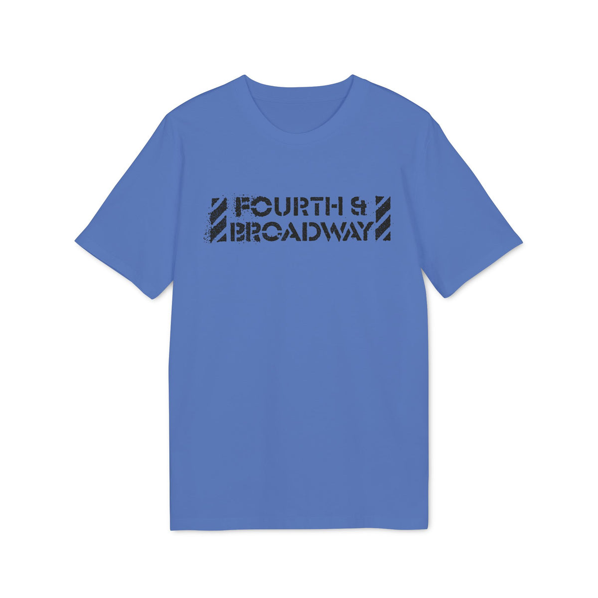 Blue t-shirt with distressed black text reading "FOURTH & BROADWAY".
