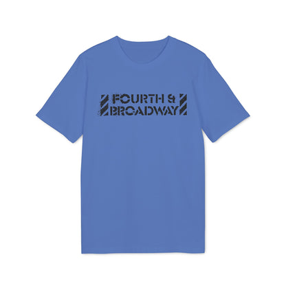 Blue t-shirt with distressed black text reading "FOURTH & BROADWAY".
