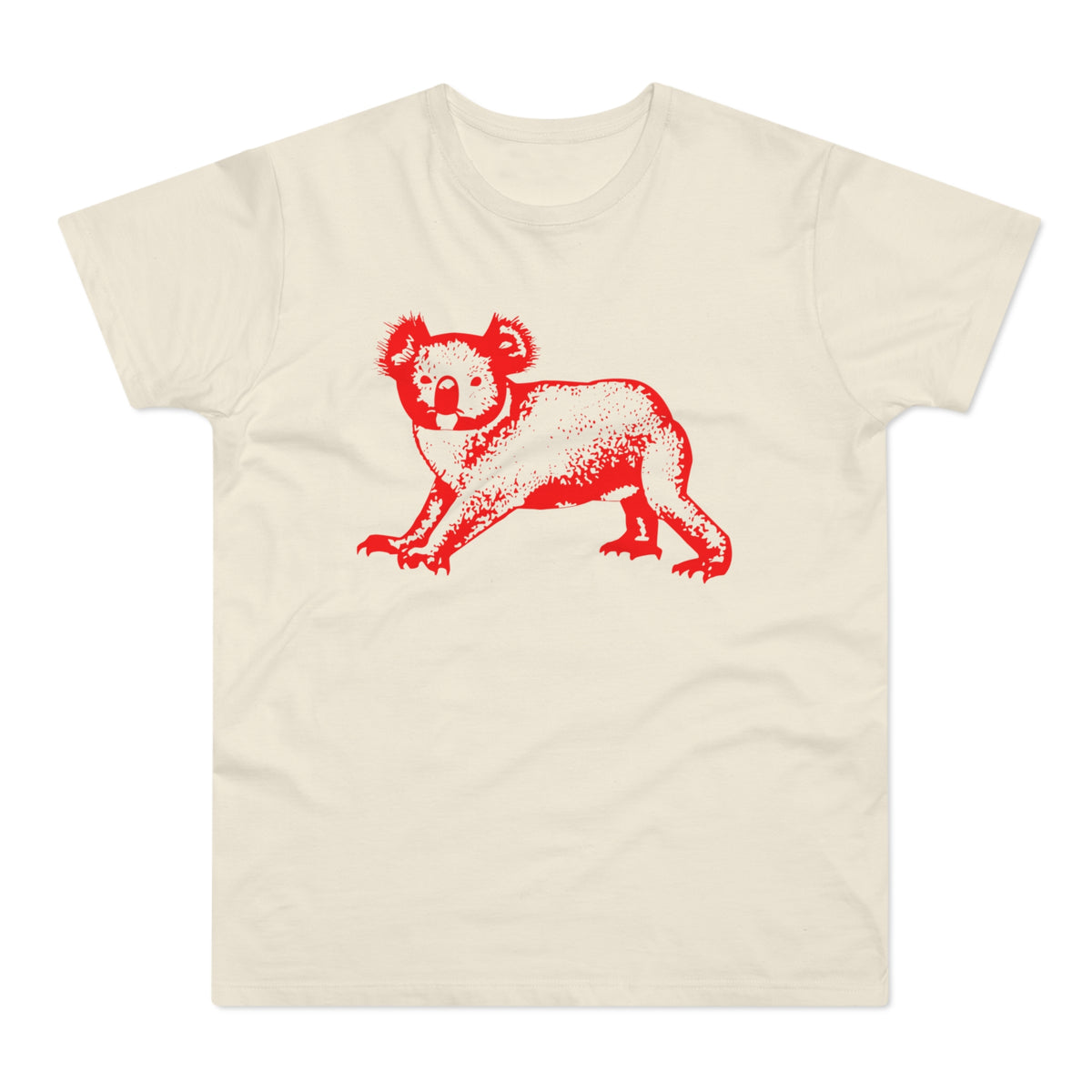 Cream t-shirt with red graphic of a koala in a textured style.