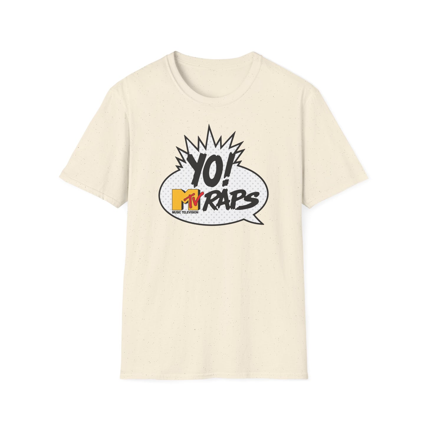 Cream t-shirt with a comic speech bubble graphic for Yo! MTV Raps.