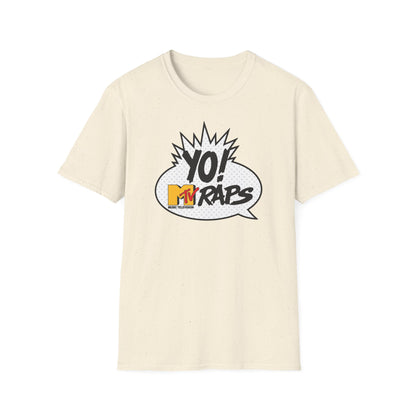 Cream t-shirt with a comic speech bubble graphic for Yo! MTV Raps.