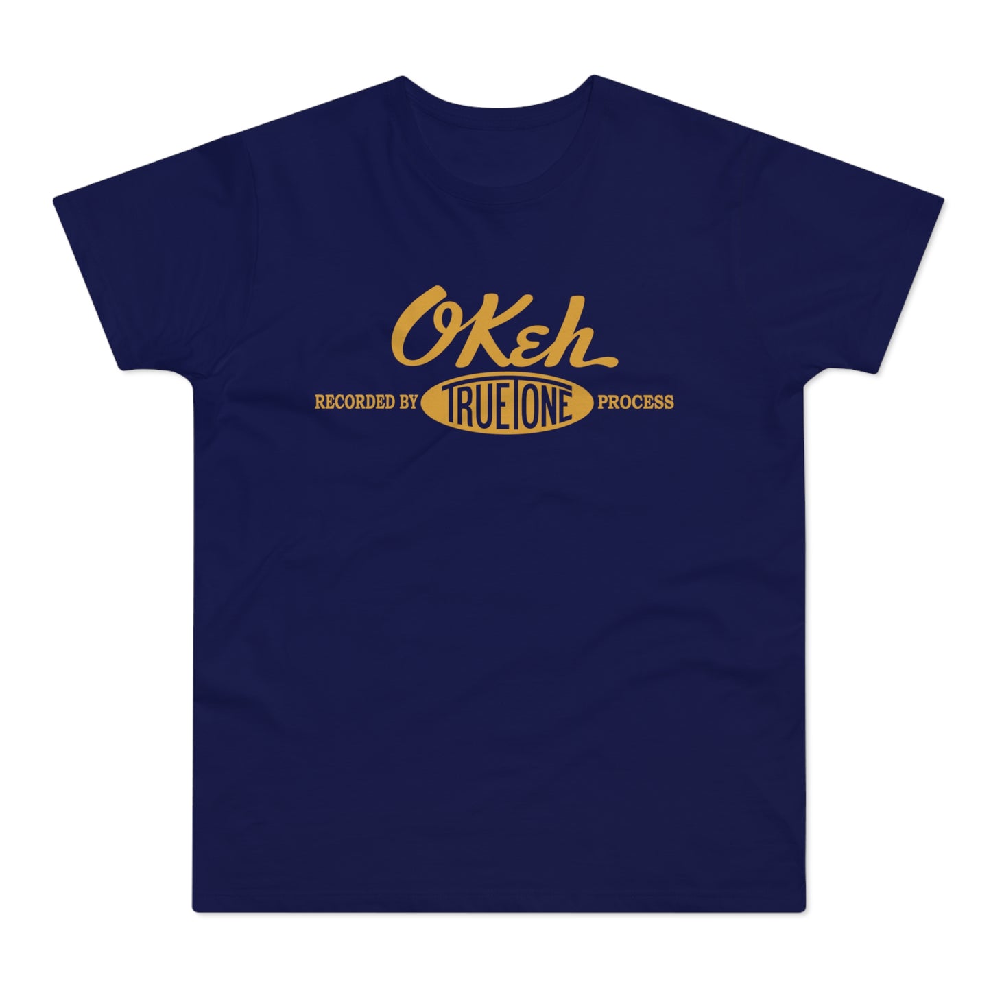 Navy t-shirt with yellow "Okeh" logo and "Recorded by True One Process" text.