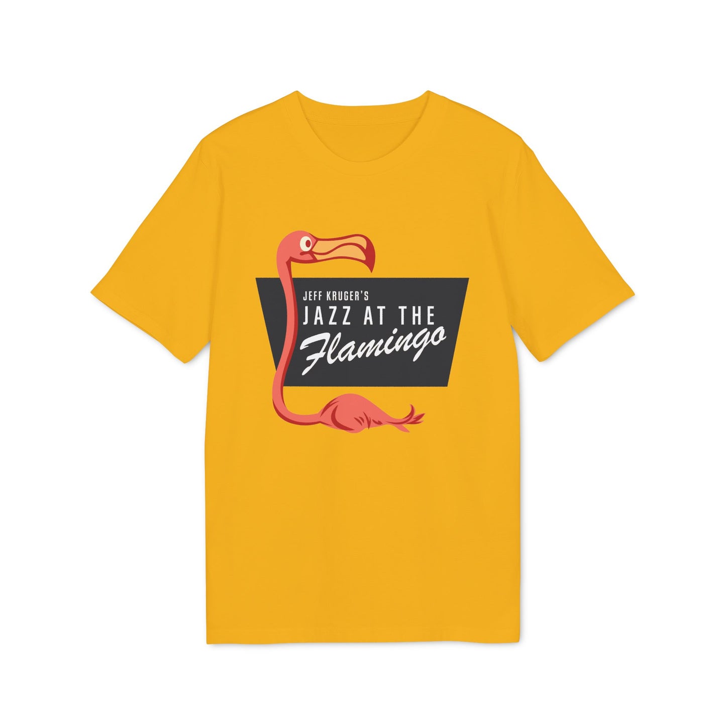 Yellow t-shirt with "Jeff Kruger's Jazz at the Flamingo" logo and flamingo graphic.
