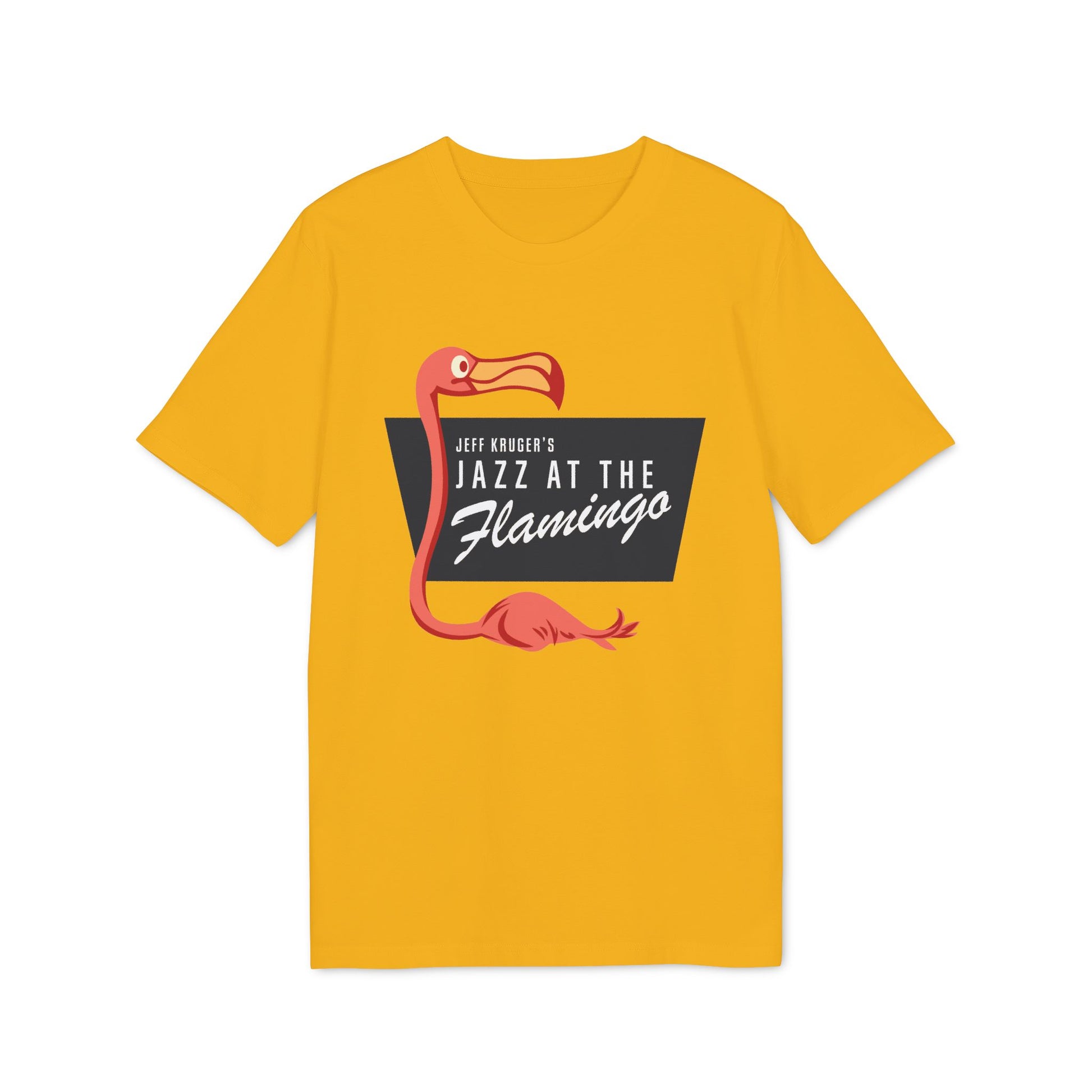 Yellow t-shirt with "Jeff Kruger's Jazz at the Flamingo" logo and flamingo graphic.