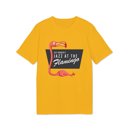 Yellow t-shirt with "Jeff Kruger's Jazz at the Flamingo" logo and flamingo graphic.