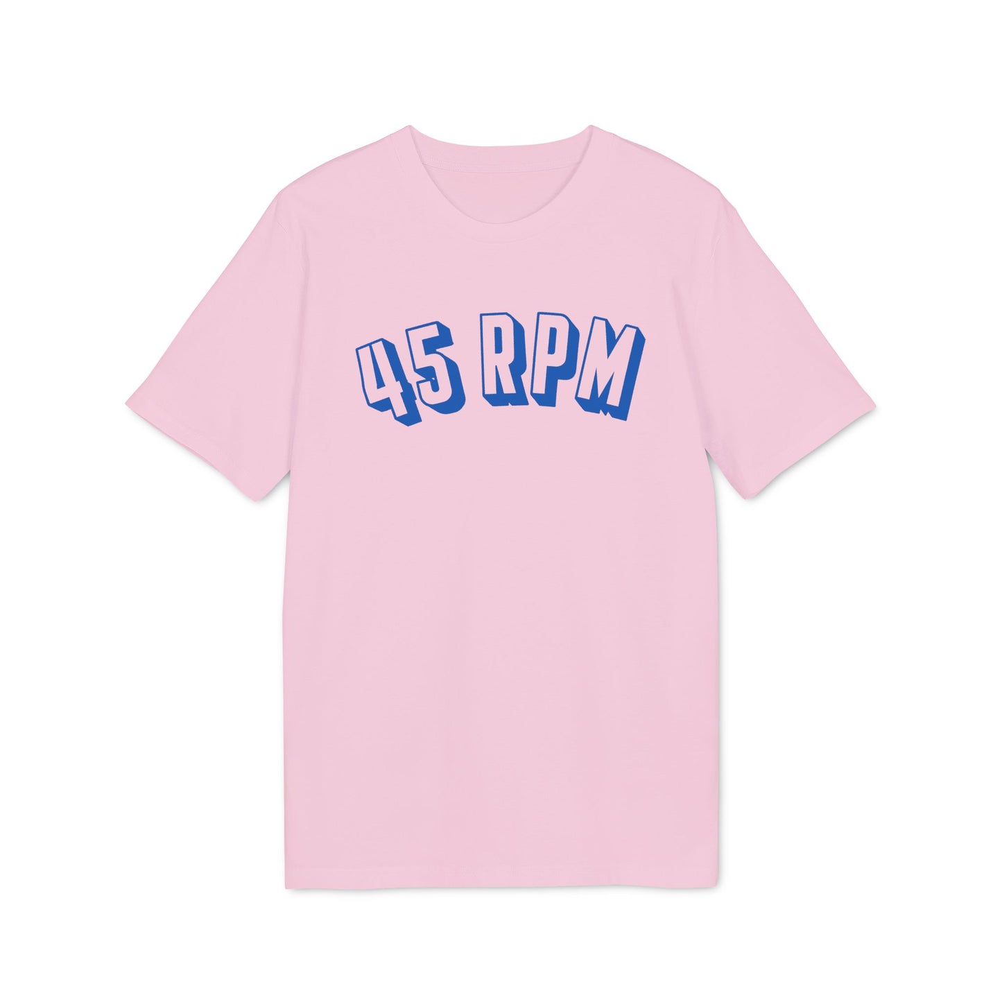 Pink t-shirt with blue "45 RPM" text.