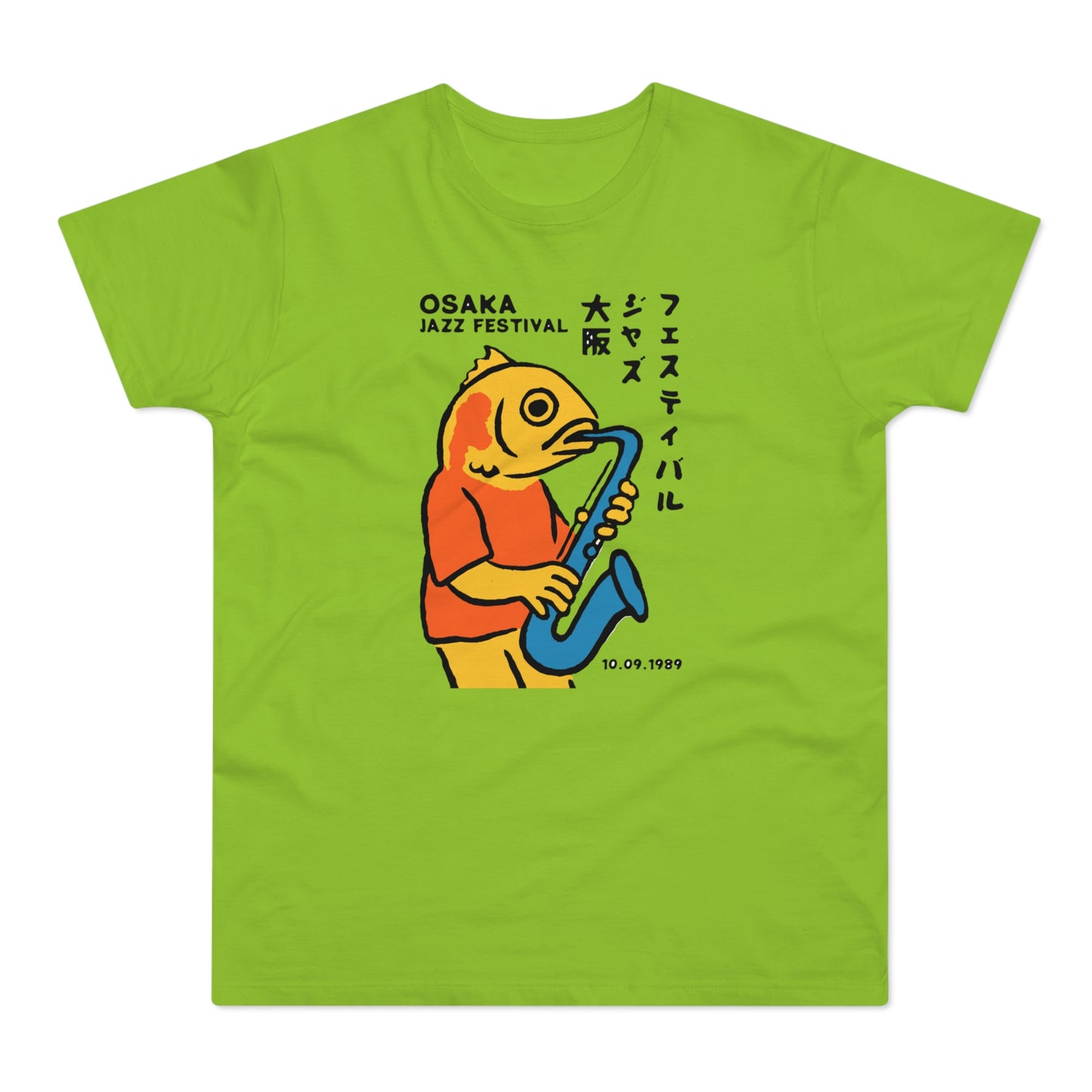 Fish character playing saxophone with "Osaka Jazz Festival" text and date.
