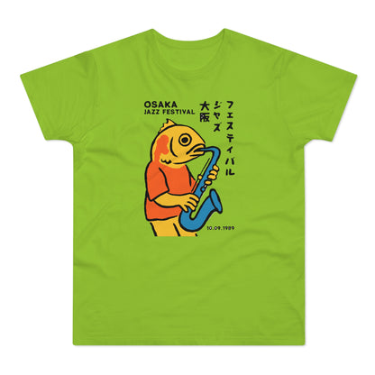 Fish character playing saxophone with "Osaka Jazz Festival" text and date.