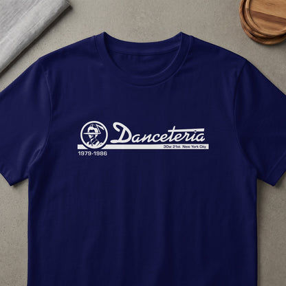 Navy t-shirt with white "Danceteria 1979-1986 30w 21st New York City" graphic.