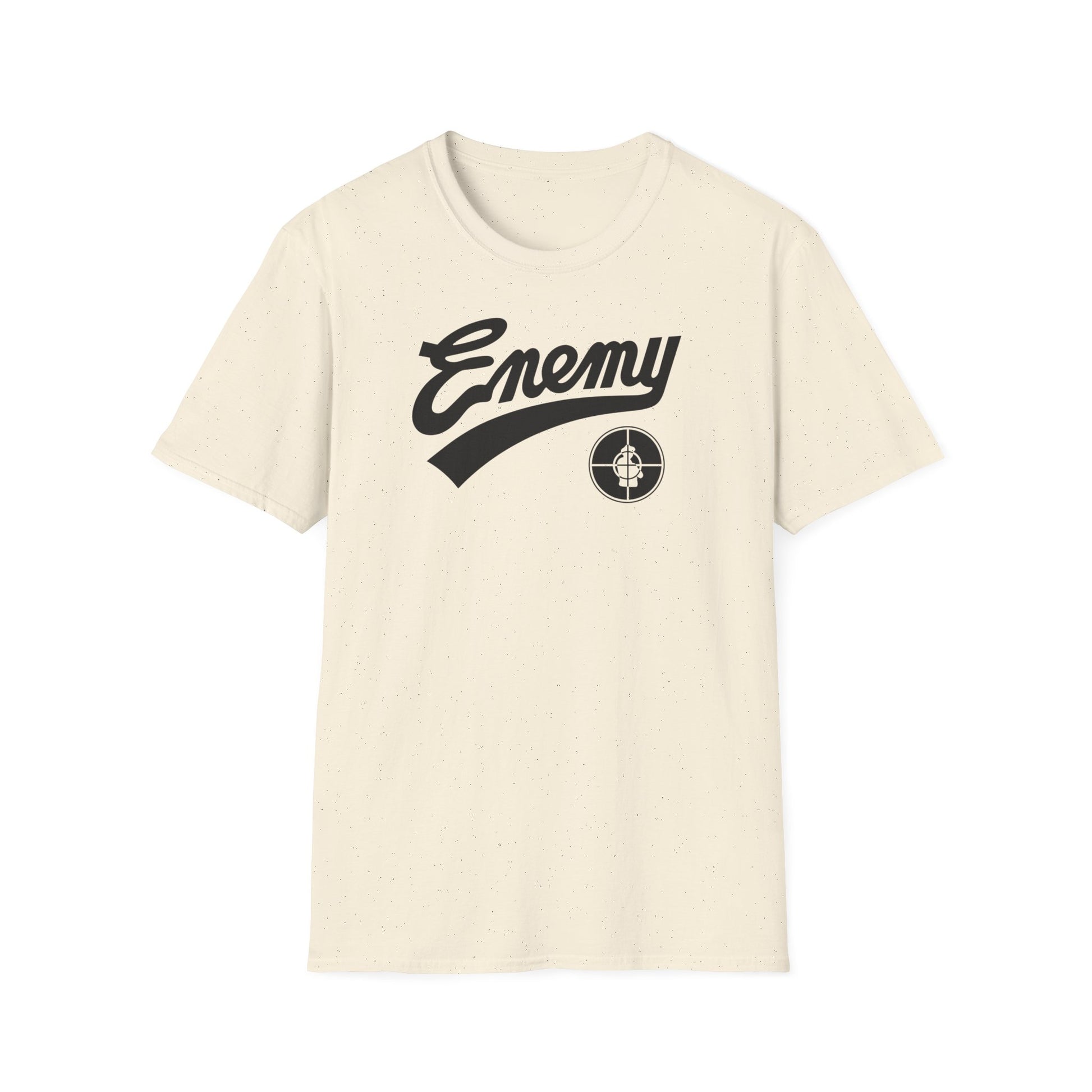Cream t-shirt with black "Enemy" text and a target logo.