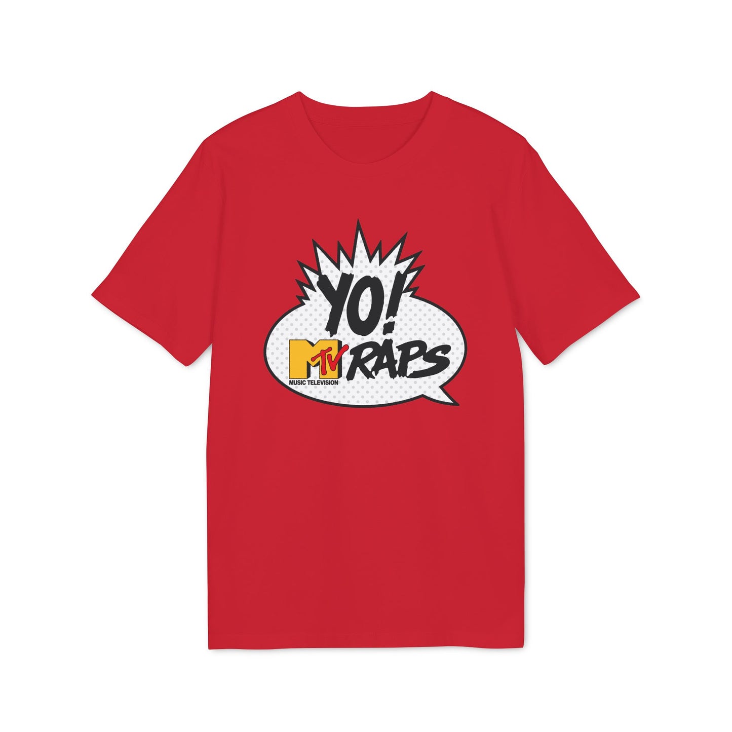 Red t-shirt with Yo! MTV Raps comic bubble graphic.