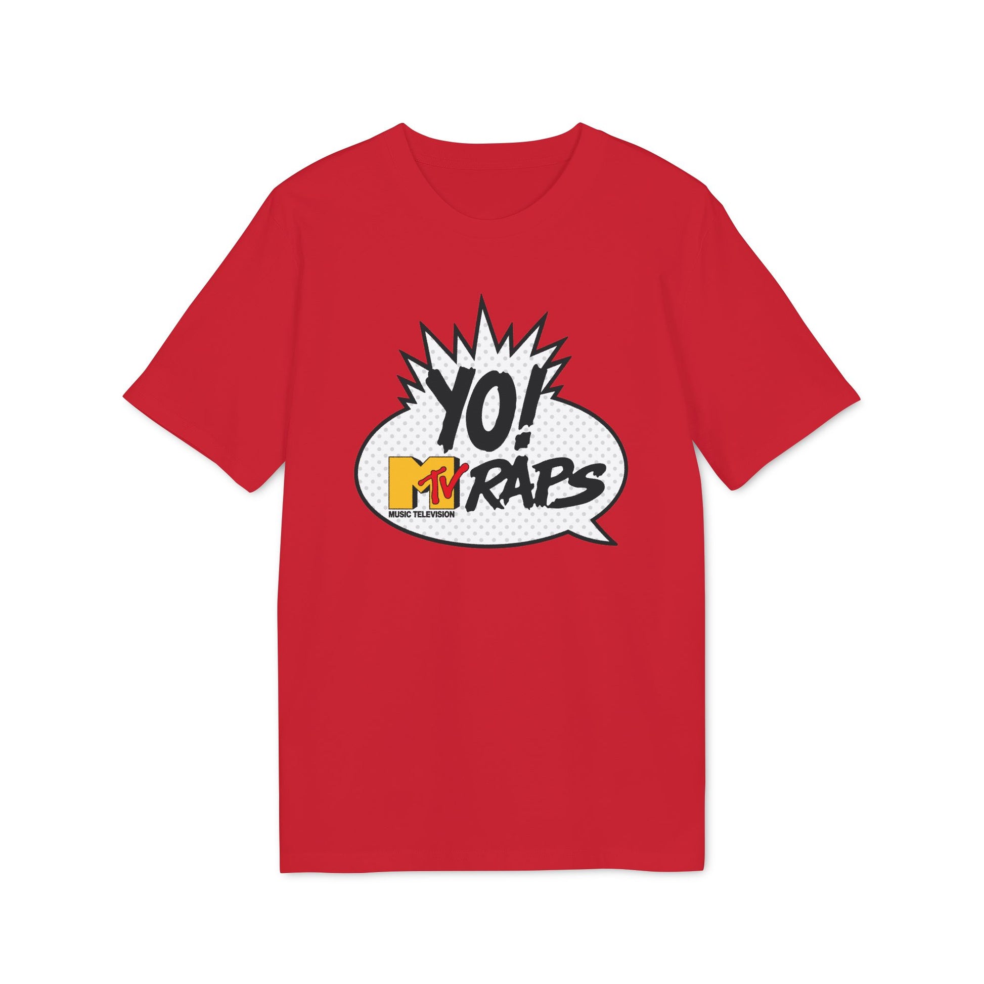 Red t-shirt with Yo! MTV Raps comic bubble graphic.