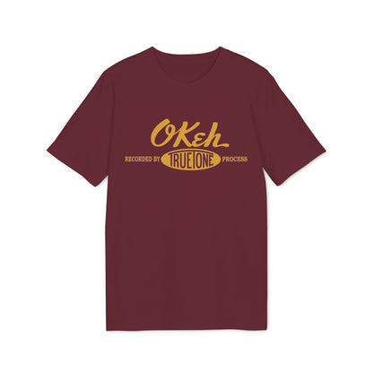 Burgundy t-shirt with yellow "OKeh Recorded by True Tone Process" graphic.