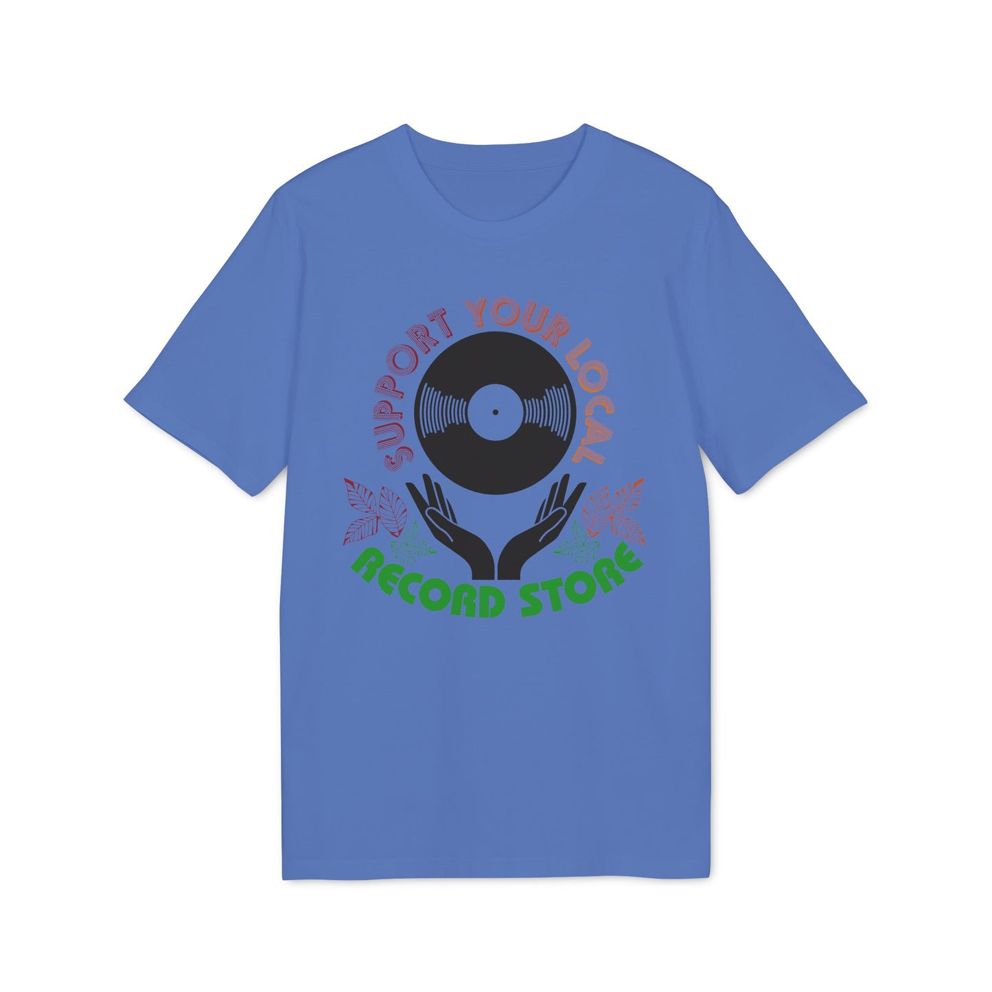 Blue t-shirt with round graphic featuring vinyl record, hands, and text.
