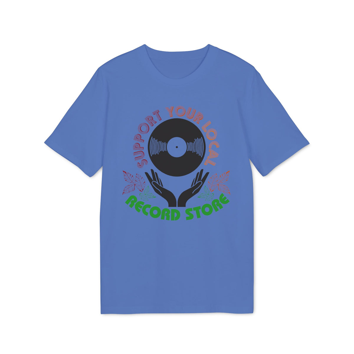 Blue t-shirt with round graphic featuring vinyl record, hands, and text.