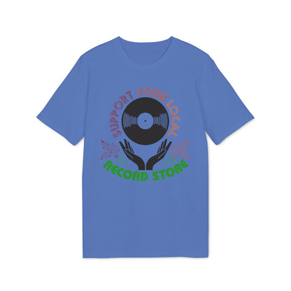 Blue t-shirt with round graphic featuring vinyl record, hands, and text.