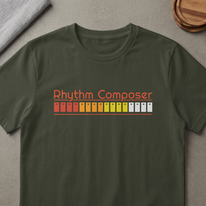 Olive green t-shirt with orange "Rhythm Composer" text and colorful beat step sequencer graphic.