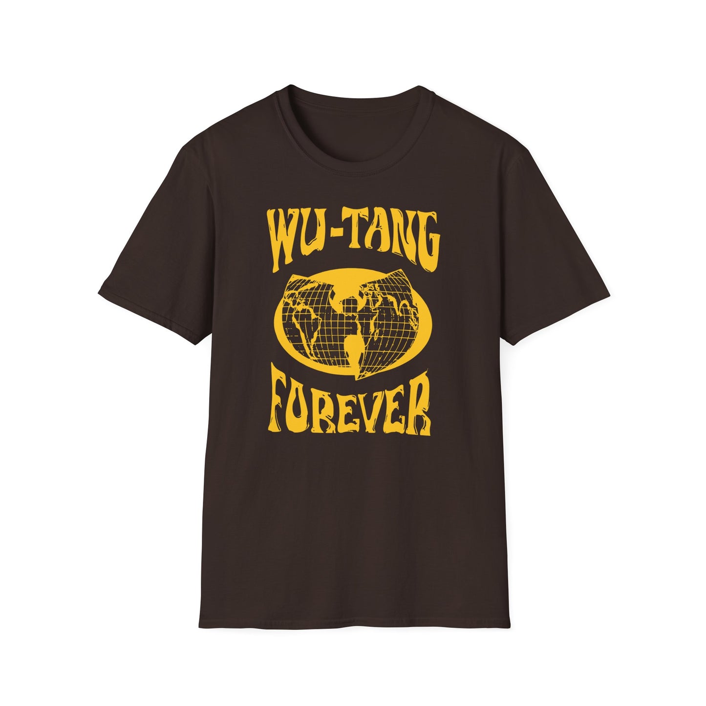 Brown t-shirt with yellow Wu-Tang Forever globe graphic.
