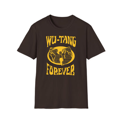 Brown t-shirt with yellow Wu-Tang Forever globe graphic.