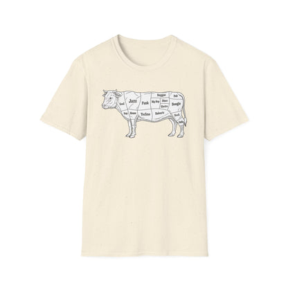 Cream t-shirt with a sketch of a cow divided into music genres.