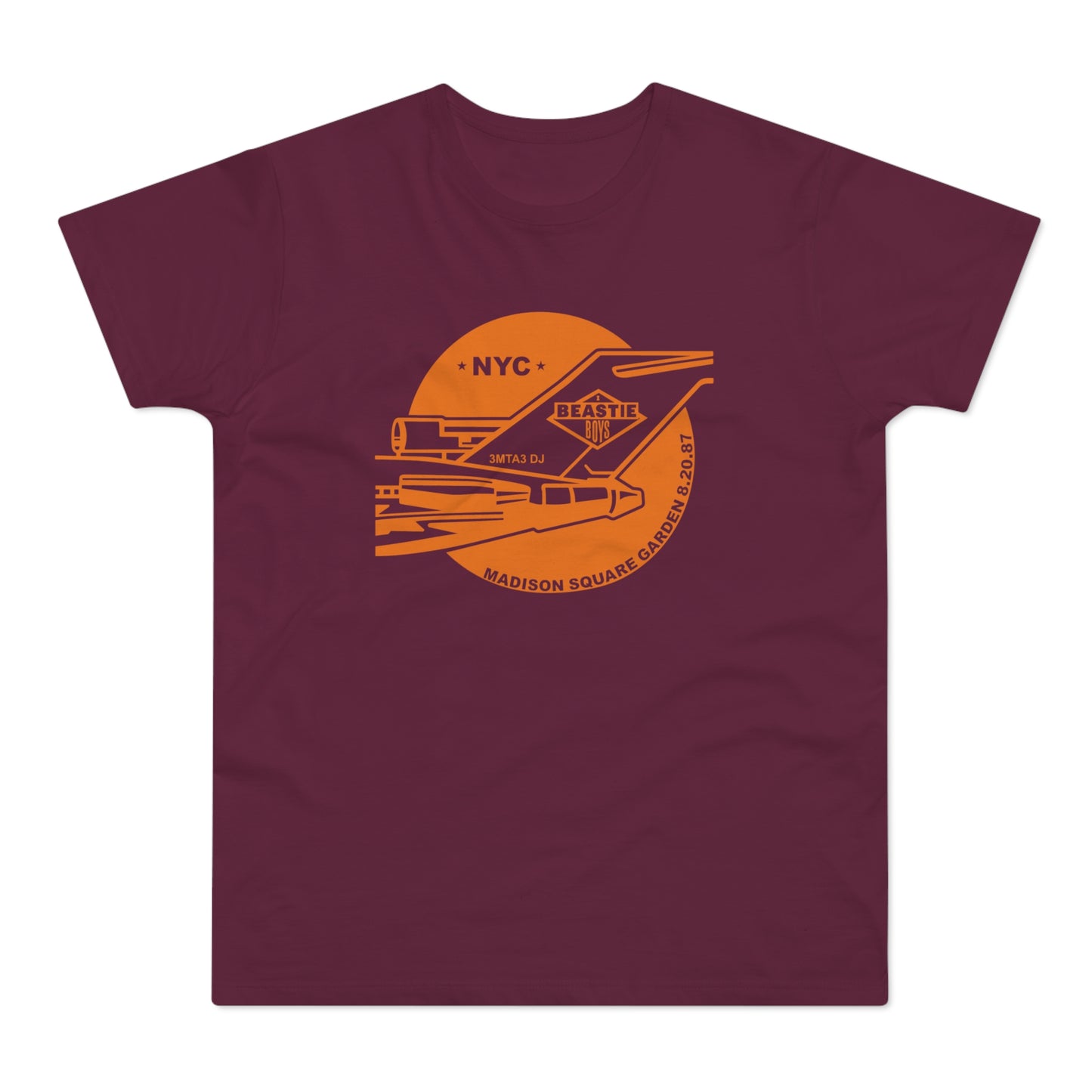 Beastie Boys concert graphic on a maroon t-shirt with NYC, 3MTA3 DJ, and Madison Square Garden 8.20.87.