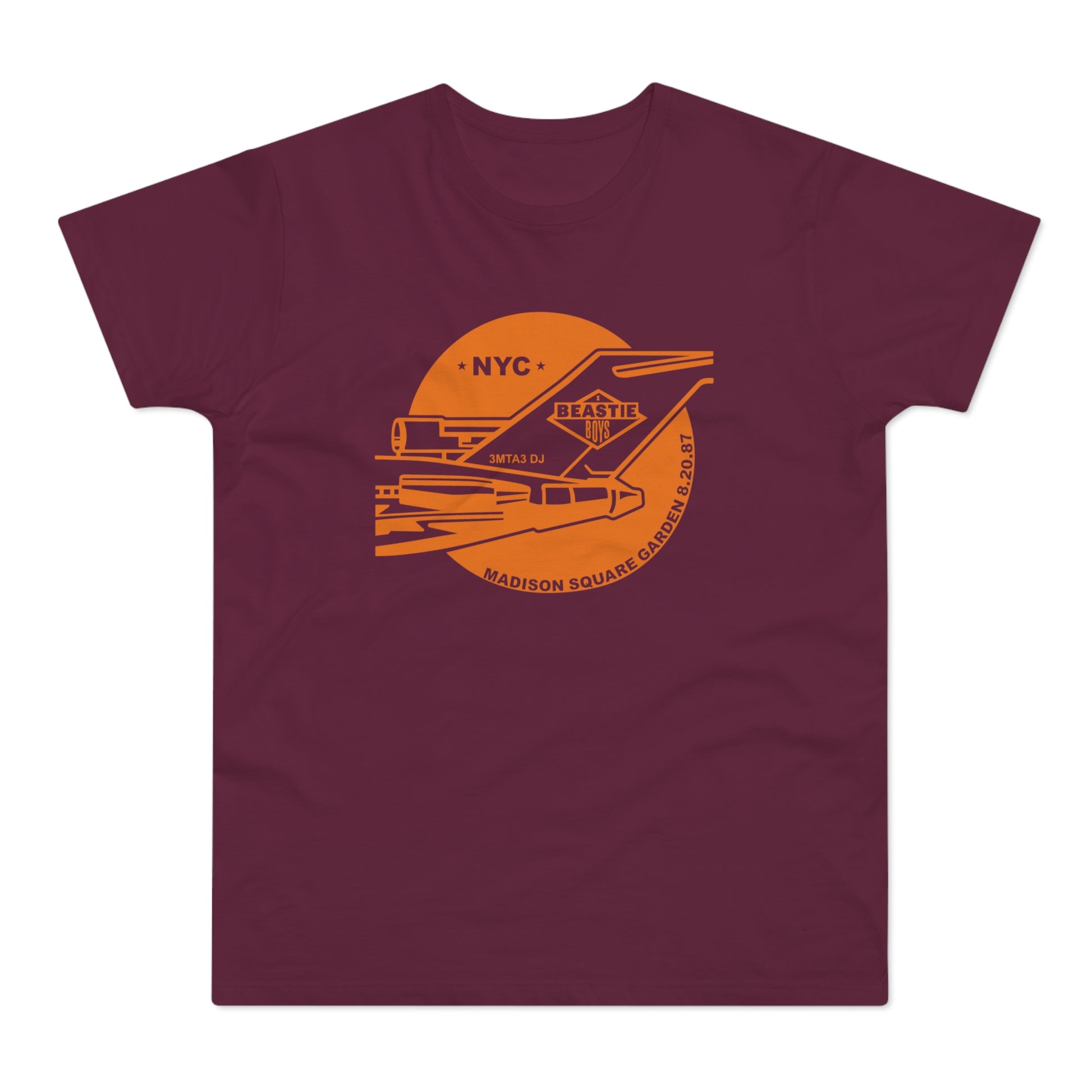Beastie Boys concert graphic on a maroon t-shirt with NYC, 3MTA3 DJ, and Madison Square Garden 8.20.87.