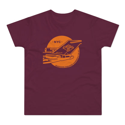 Beastie Boys concert graphic on a maroon t-shirt with NYC, 3MTA3 DJ, and Madison Square Garden 8.20.87.