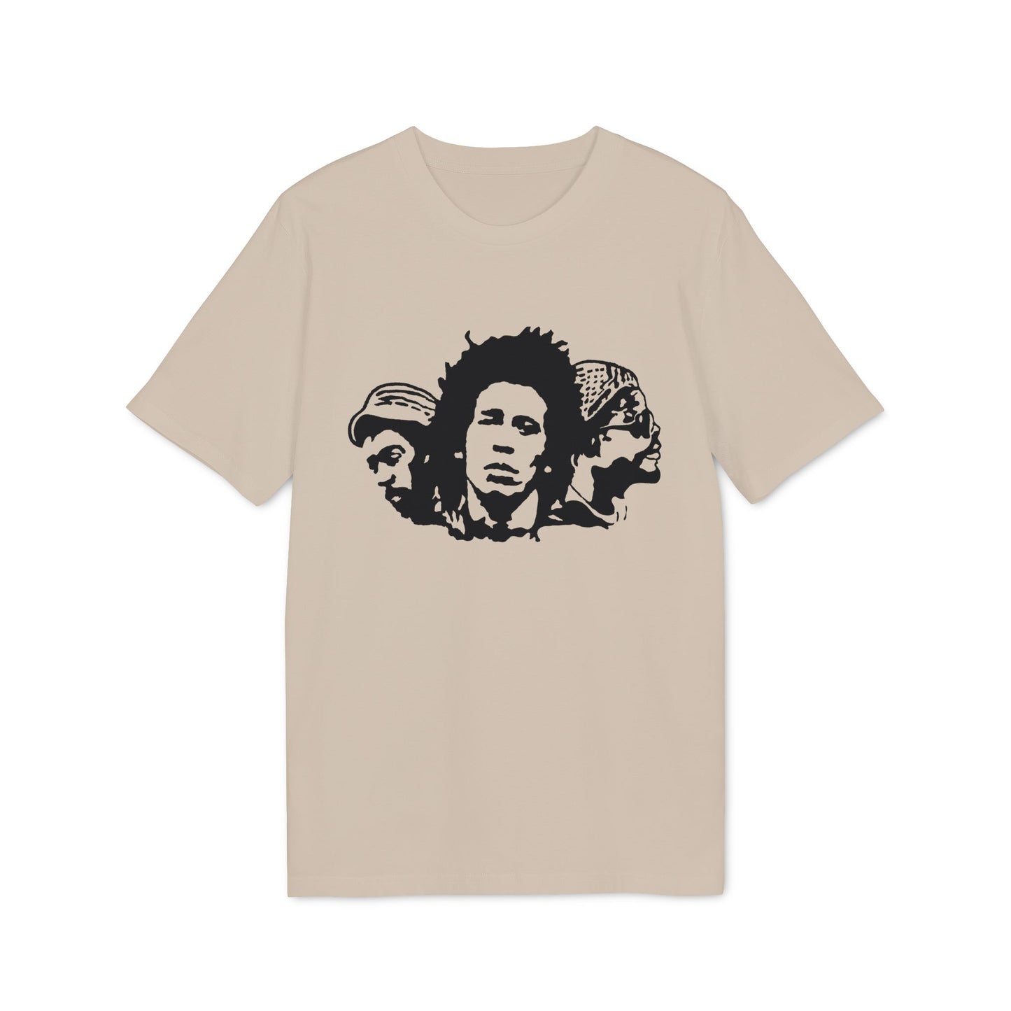 T-shirt with black graphic of three men's faces in profile.
