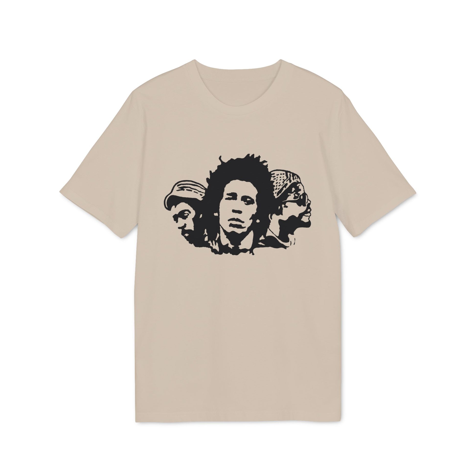 T-shirt with black graphic of three men's faces in profile.